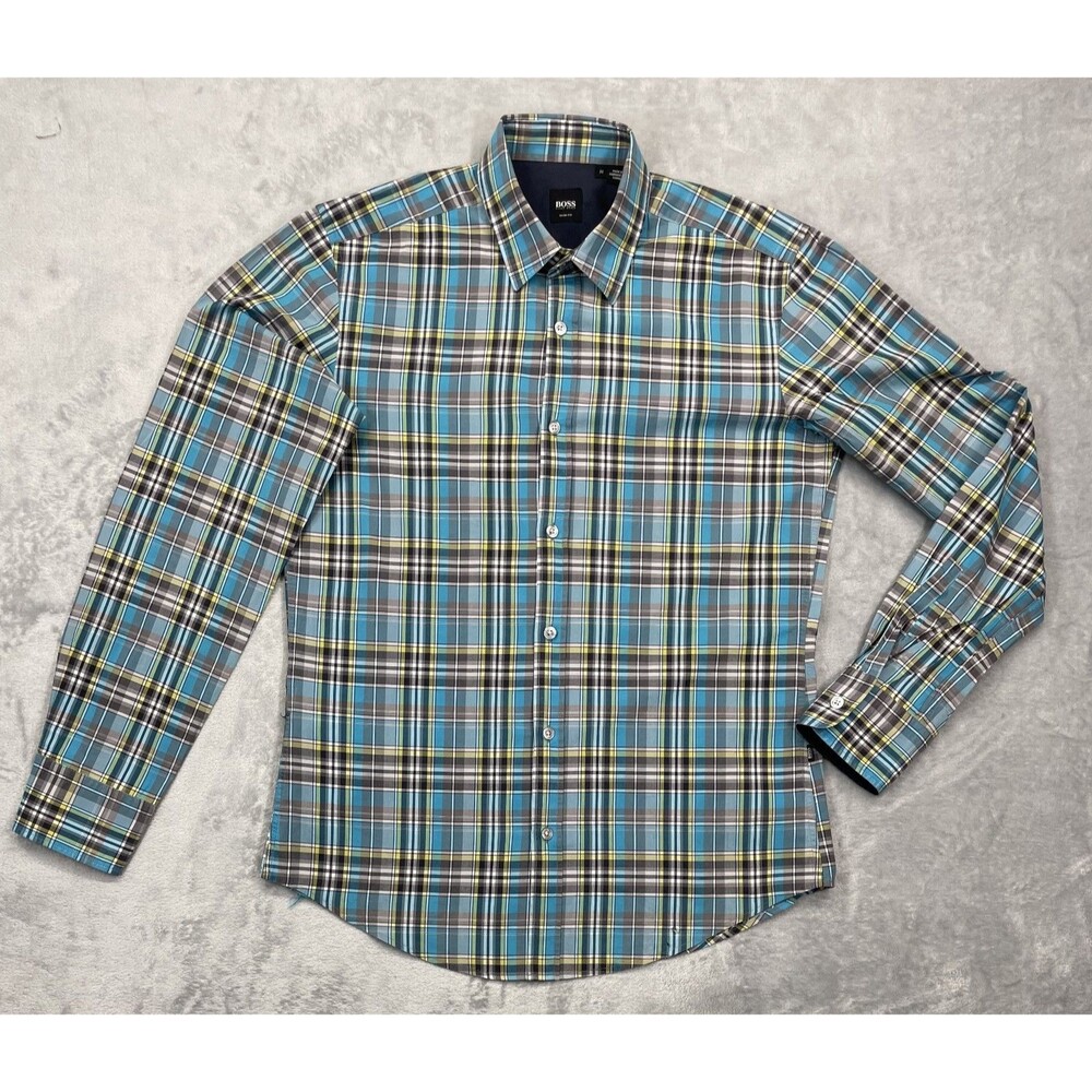 Hugo Boss Slim Fit Men’s Button Front Shirt M Plaid Teal Yellow